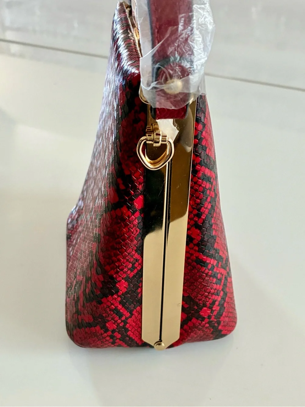 Red Polyurethane Snake-Print Top Handle Bag w/Crossbody Strap NEW UNUSED - READ